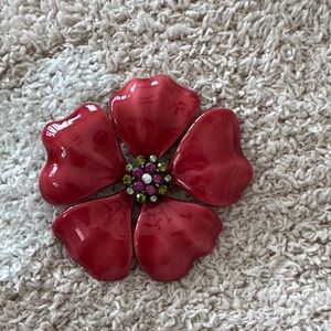 Red Flower Brooch with Rhinestones